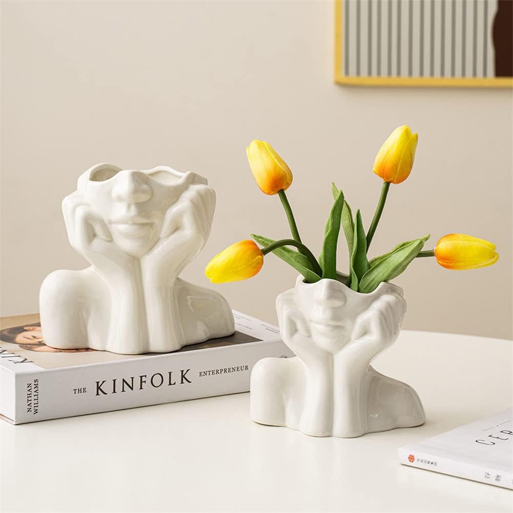 Large Ceramic Face Vase, White Flower Vases for Decor Female Form Head Half Body Vase Boho Unique Decorative Modern Style for Home Living Room Office Book Shelf (Large)