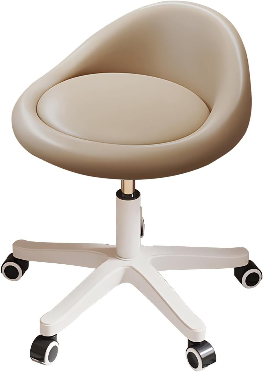 Swivel Rolling Stool with Wheels, Height Adjustable PU Leather Drafting Chair, Round Seat for Salon, Spa, Tattoo, Office, Home Use Khaki Set of 1
