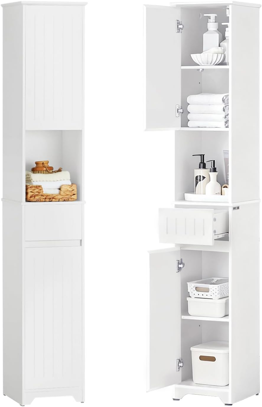 SoBuy Narrow Bathroom Storage Cabinet, Tall Slim Bathroom Organizers and Storage for Small Spaces, Freestanding Skinny Cabinet with Doors and Shelves for Tight Corners, White BZR109-W