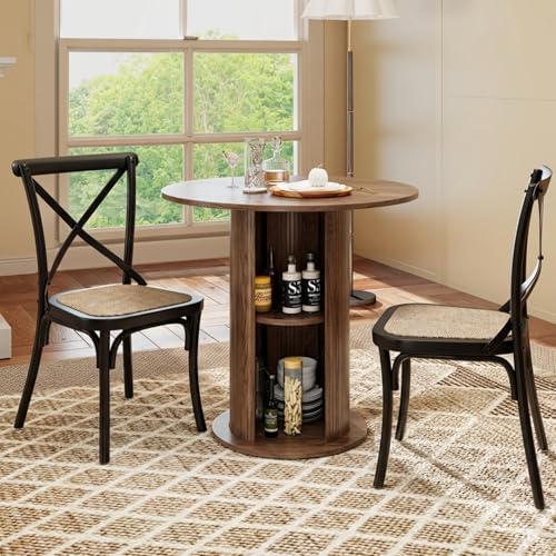 SoarFlash 31.5 Inch Round Dining Table for 2-3, Circle Farmhouse Kitchen Table with Storage Space, Wood Strip Base for Dining Room, Living Room, Lunch (Brown)