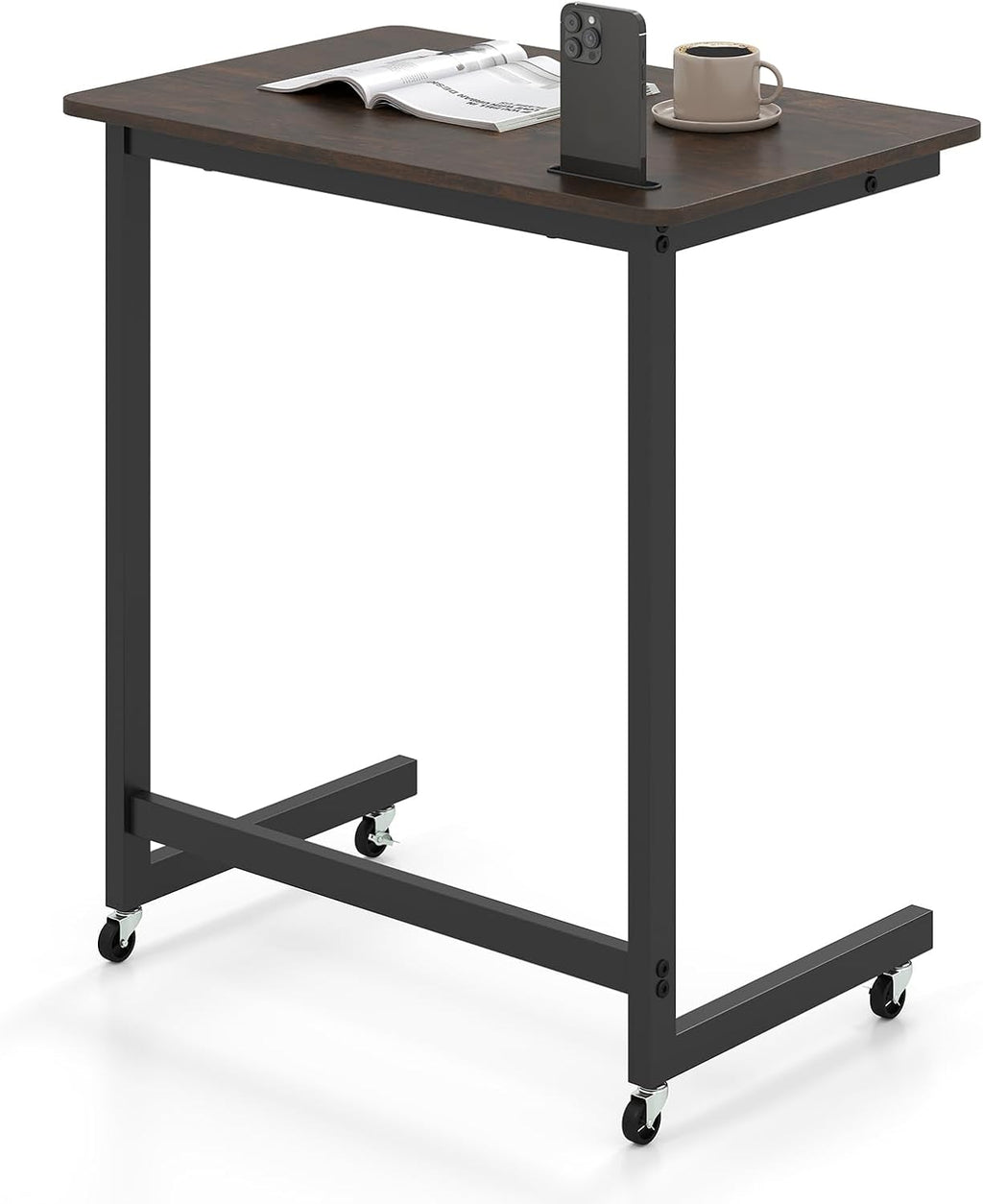 GOFLAME Rolling C Shaped End Table, Couch Sofa Side Table with Wheels, Phone Slot, Industrial TV Tray Bedside Tables, Compact Nightstand for Living Room, Bedroom, Home Office, Rustic Brown (1)