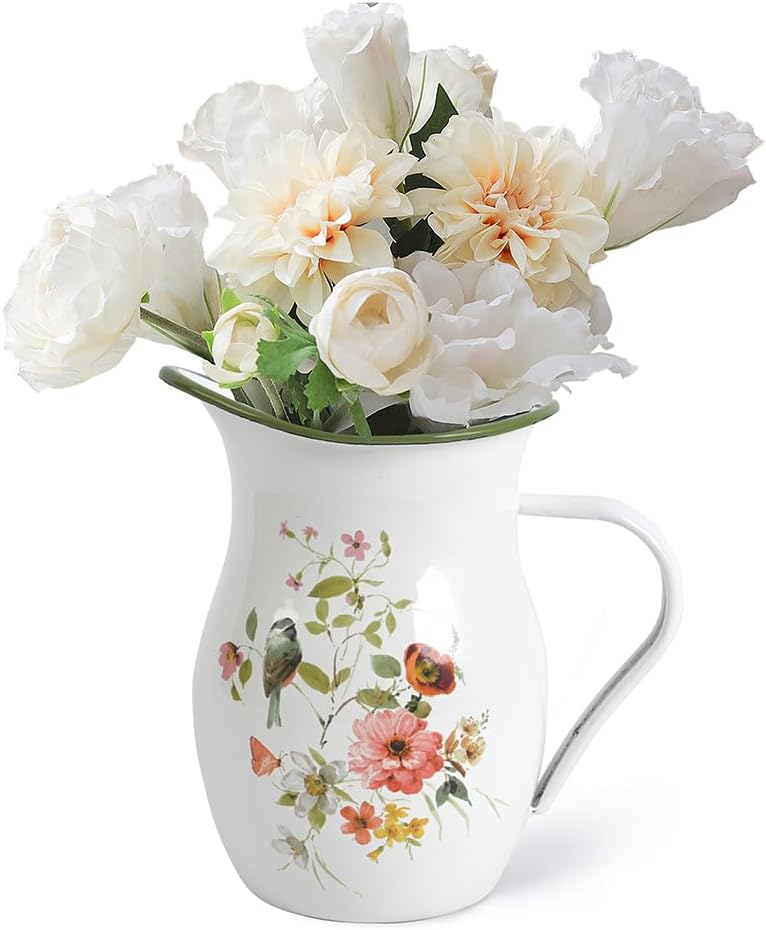 Enamel Vintage Pitcher Vase for Flowers,7.9" L x 5.3" W x 7.5" H Rustic Pitcher Vase,Farmhouse Decor for Kitchen Table Centerpiece,Living Room,Bedroom (Green)