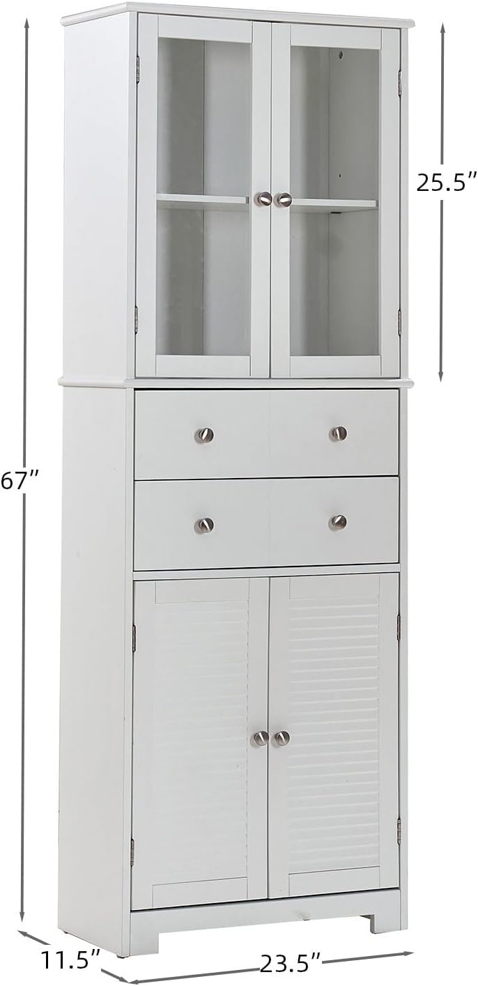 67" Tall Kitchen Pantry Cabinet with Glass Doors, Drawers & Adjustable Shelves, Storage Cabinet for Kitchen, Bathroom, Dining Room