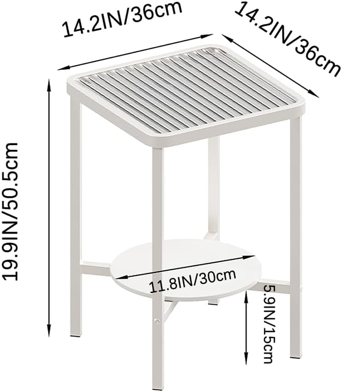 2-Tier Small End Table Side Table for Living Room, Boho Night Stand Square Nightstand with Tempered Glass Tabletop & Marble Storage Shelf, Accent Side Table for Small Spaces, Bedroom, Outdoor (White)