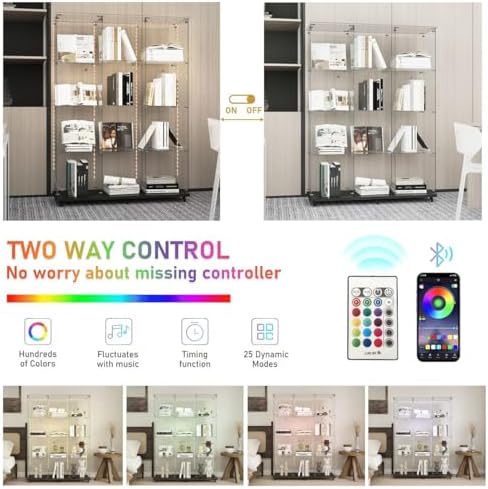 65" H 4-Shelf Glass Display Storage Cabinet with LED Lights Strip & Double Doors, Modern Curio Cabinet Collection Display Case with Lockable Casters & Lock for Living Room (Black)