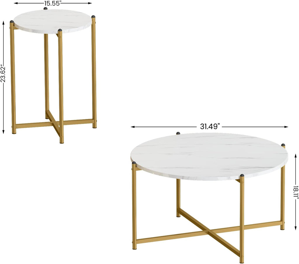 AWQM Faux Marble Coffee Table Set of 3, 1 Coffee Table & 2 Sofa Table, Round Tabletop and Metal Cross Base Frame,Perfect for Living Room Apartment, White