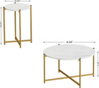 AWQM Faux Marble Coffee Table Set of 3, 1 Coffee Table & 2 Sofa Table, Round Tabletop and Metal Cross Base Frame,Perfect for Living Room Apartment, White