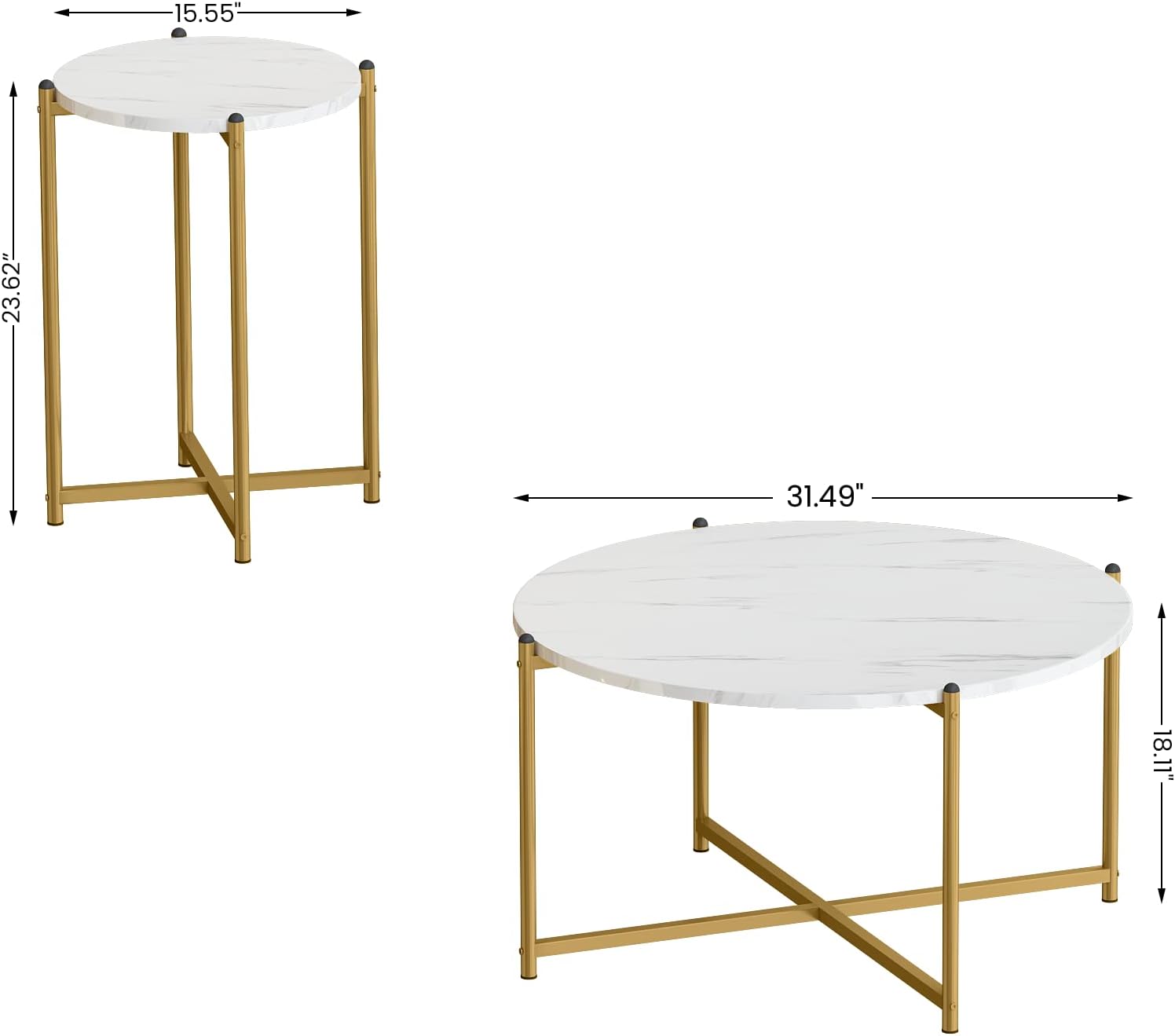 AWQM Faux Marble Coffee Table Set of 3, 1 Coffee Table & 2 Sofa Table, Round Tabletop and Metal Cross Base Frame,Perfect for Living Room Apartment, White