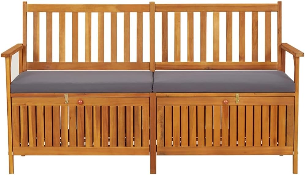 Storage Bench with Cushion Solid Wood Acacia 58.3" Durable Patio Furniture Outdoor Bench Seat for Garden Porch Front Porch Furniture with Ample Storage Space