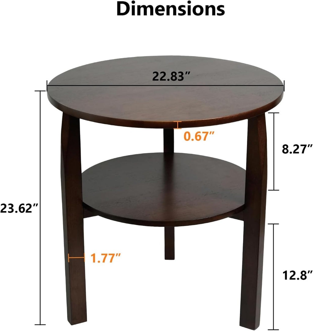 Round Side Table with 2-Tier Shelf Wood End Table | Mid Century Modern Accent Table for Living Room Solid Wood Nightstand for Bedroom Easy Assembly 22.8"D x 23.6"H Walnut
