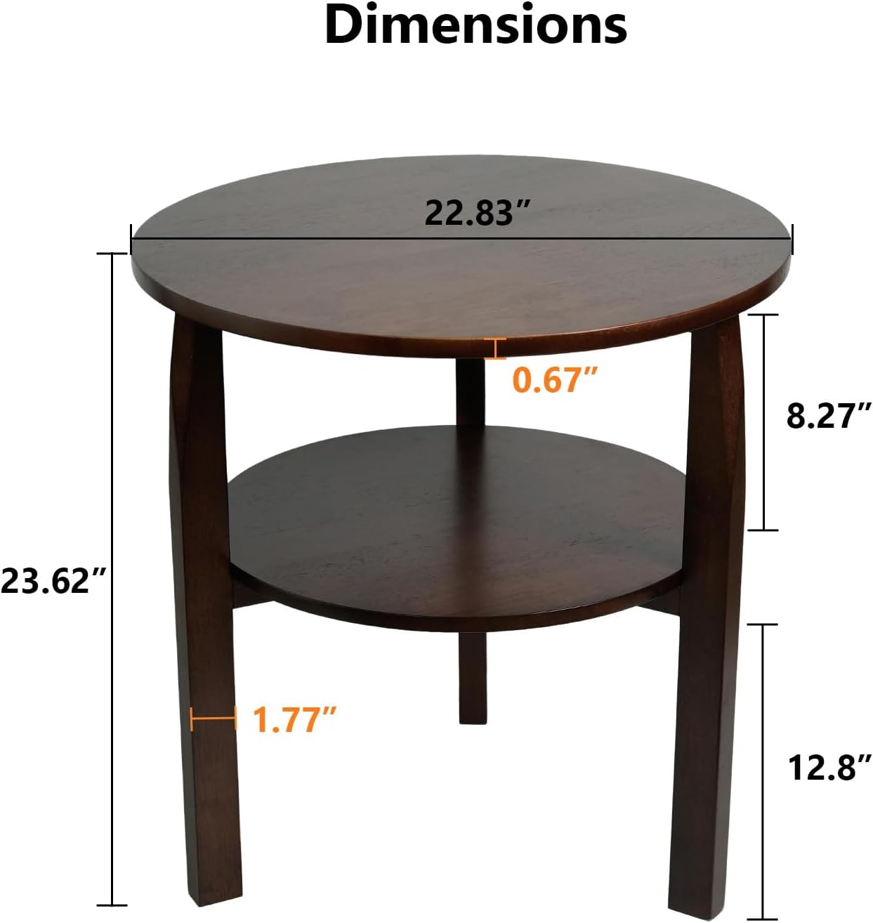Round Side Table with 2-Tier Shelf Wood End Table | Mid Century Modern Accent Table for Living Room Solid Wood Nightstand for Bedroom Easy Assembly 22.8"D x 23.6"H Walnut