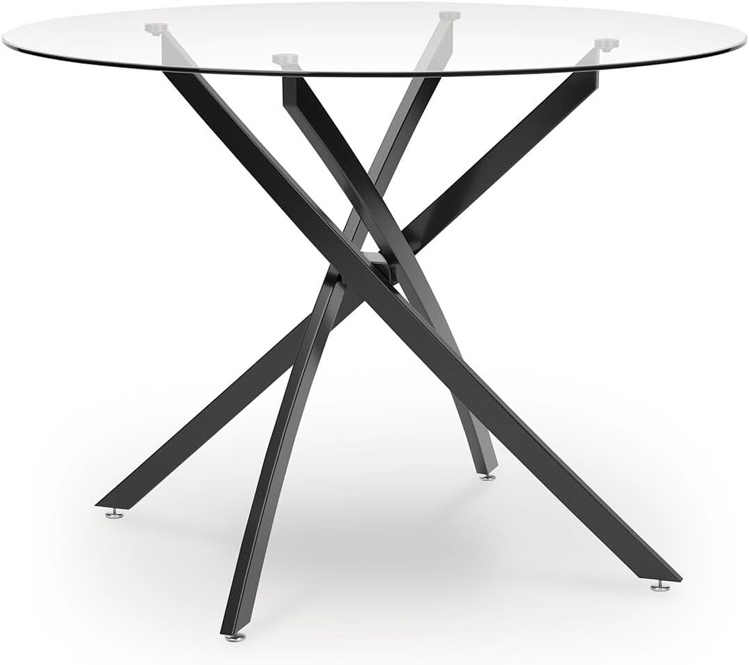 Signature Design by Ashley Pharwynn Modern Glass Tabletop Dining Table with Cross-Shaped Base, Black