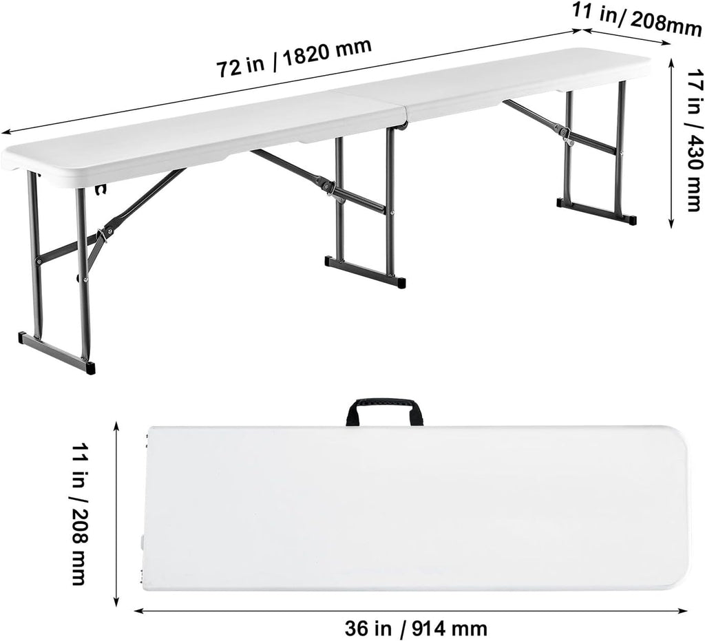 2-Pack 6FT 4cm Thick HDPE Folding Benches for Indoor/Outdoor, Picnic, Party, Camping Events, Smooth White