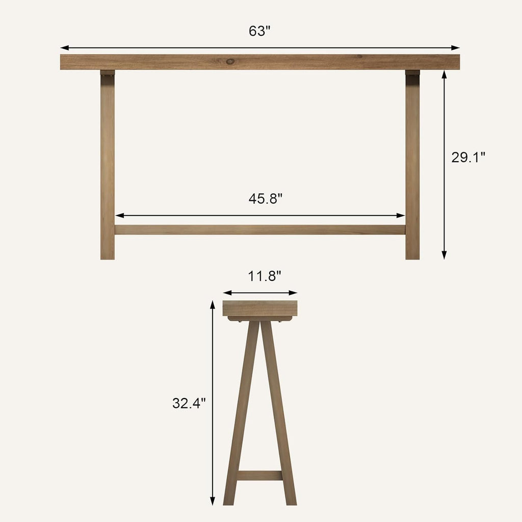 HOKYHOKY Solid Wood Console Tables - 63" Pinewood Farmhouse Rustic Hallway Table, Foyer Tables Living Room, Solid Firwood Sofa Table for Entryway, Brown