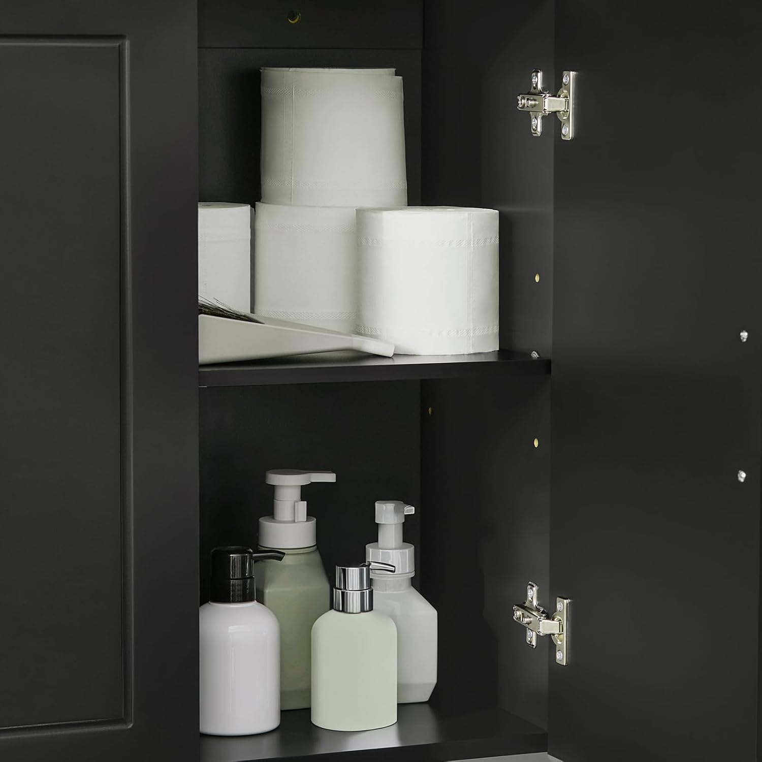 3-Doors Bathroom and Laundry Room Wall Cabinet with Adjustable Shelves, Medicine Cabinet, Wall Mounted MDF Storage Organizer Over Toilet or Washer, Black, HUS-FRG231-L