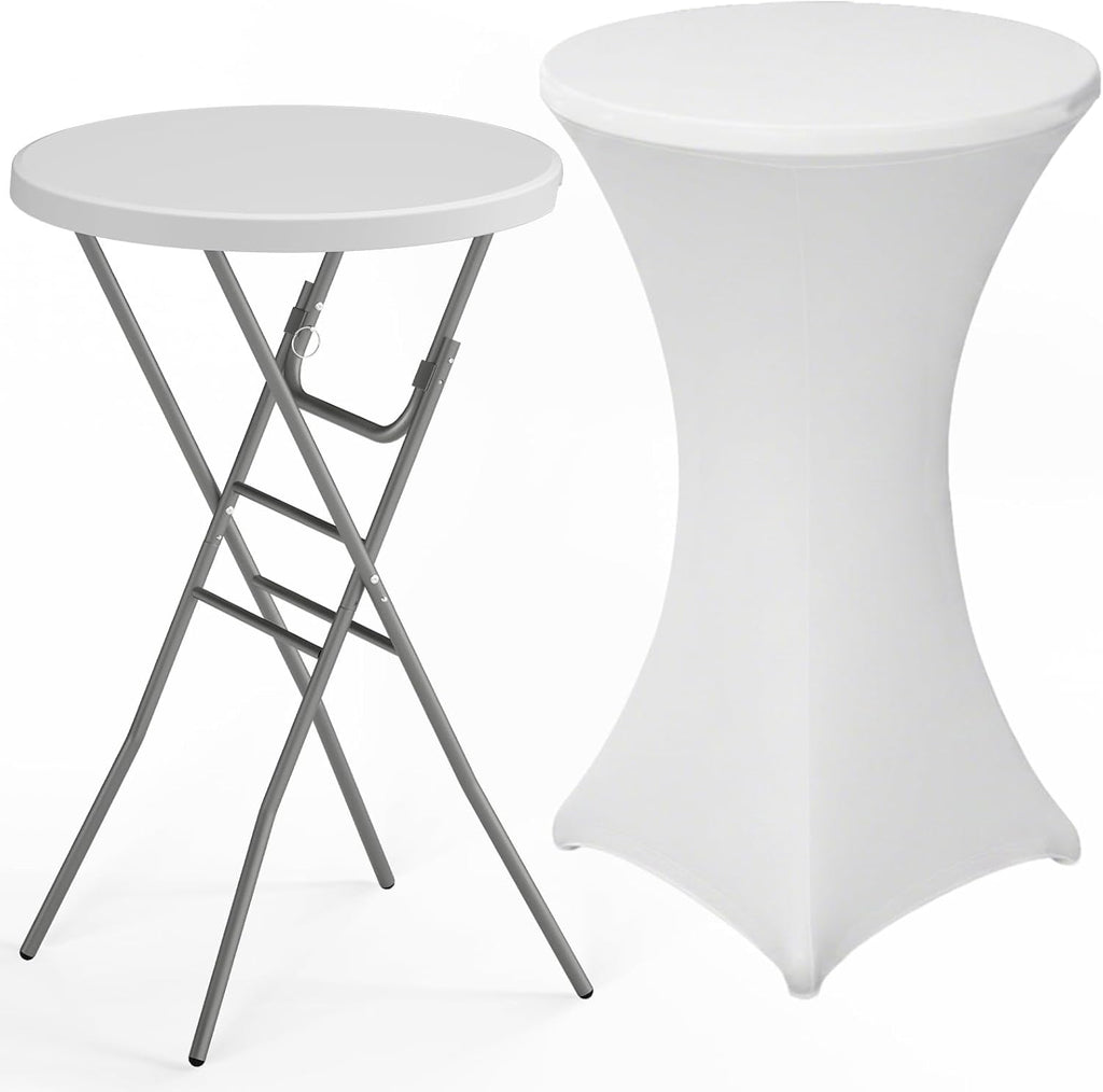 HLPB 28" Round Folding Table with Cover, Foldable Bar Height Table with Removable Legs, Cocktail Table with Handle and Locking Legs for Parties, Patio, Backyard, Wedding, Dining, White