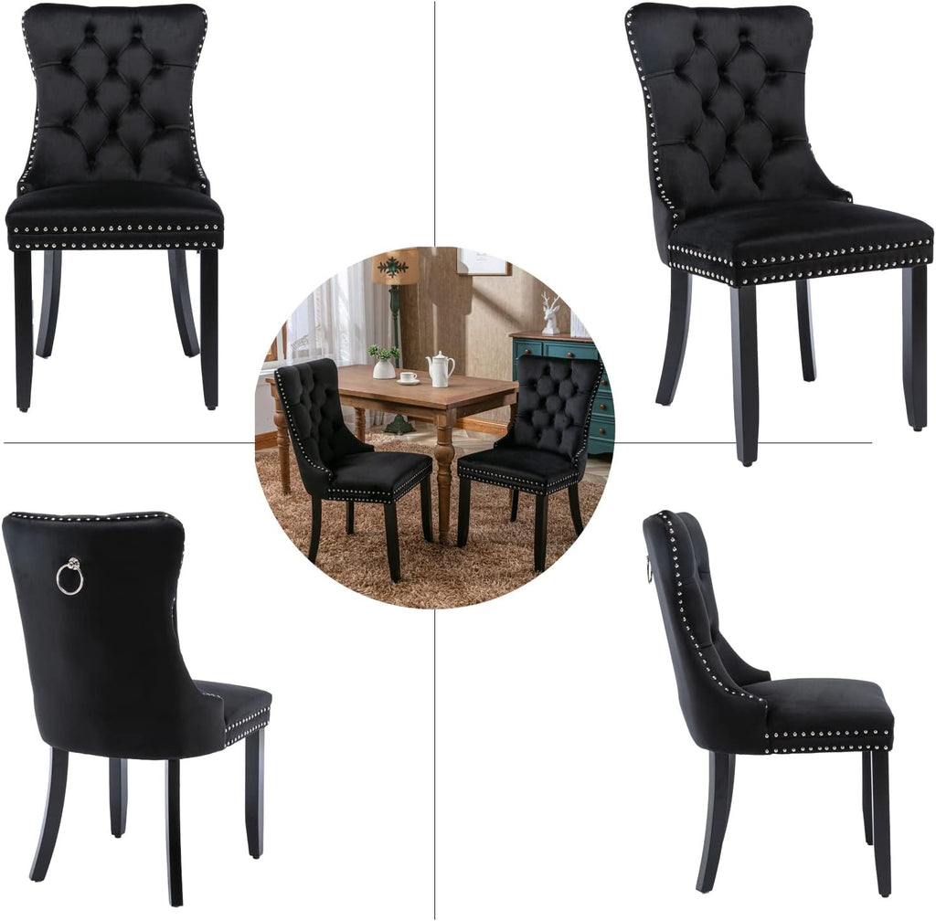 Black Velvet Dining Chairs Set of 4, Modern Upholstered Kitchen Chairs | Solid wood legs;wing back; ring pull; nailhead trim; easy assembly; upholstered dining room chairs for dining table