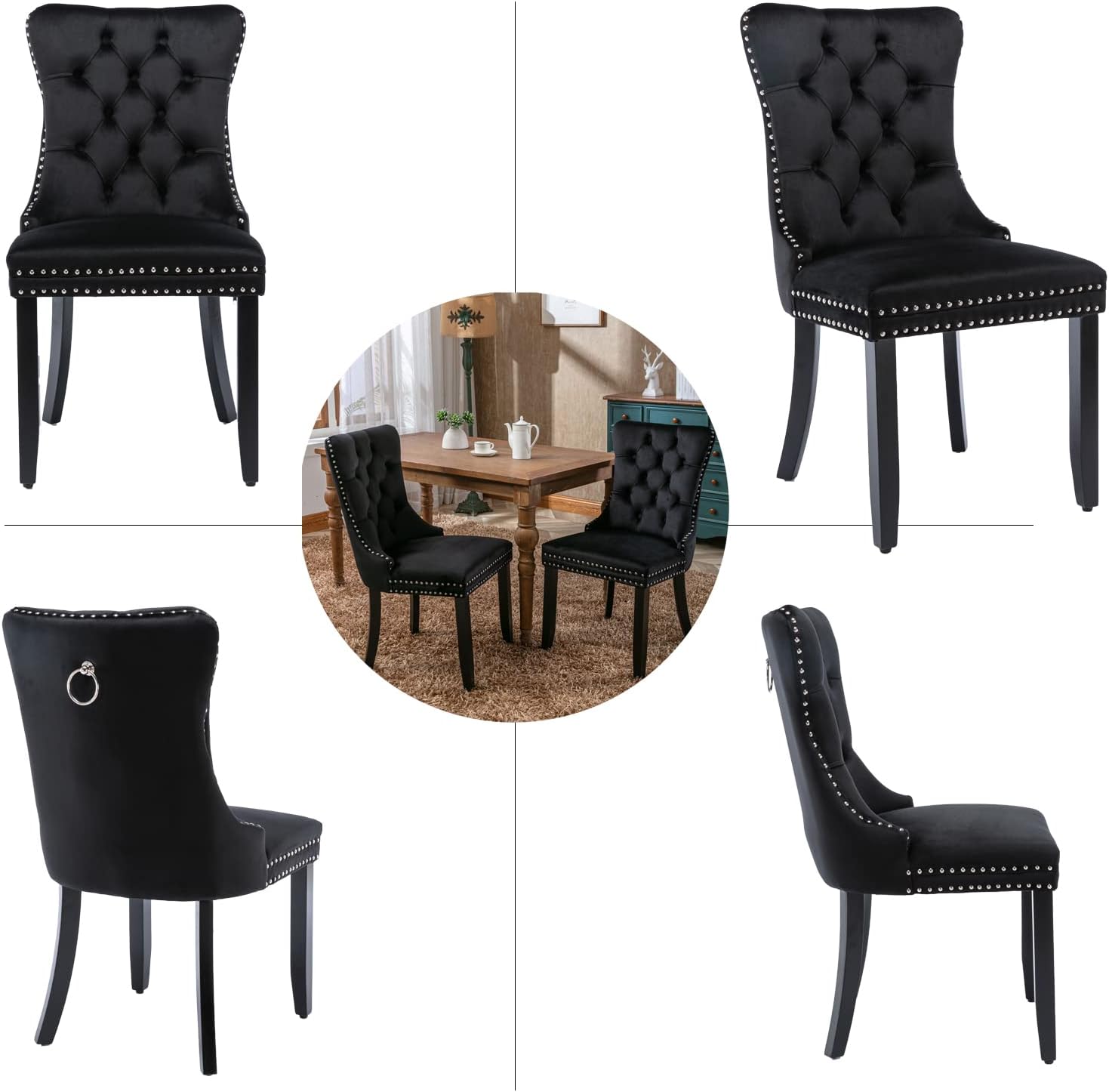 Black Velvet Dining Chairs Set of 4, Modern Upholstered Kitchen Chairs | Solid wood legs;wing back; ring pull; nailhead trim; easy assembly; upholstered dining room chairs for dining table