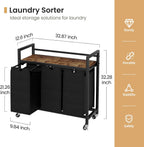 SwaaVee Laundry Sorter, Laundry Hamper 3 Section, 3×11.4Gal, Metal Frame Rolling Laundry Basket with Wooden Top Shelf, Pull out and Removable Laundry Bags, 3 Bags-Black