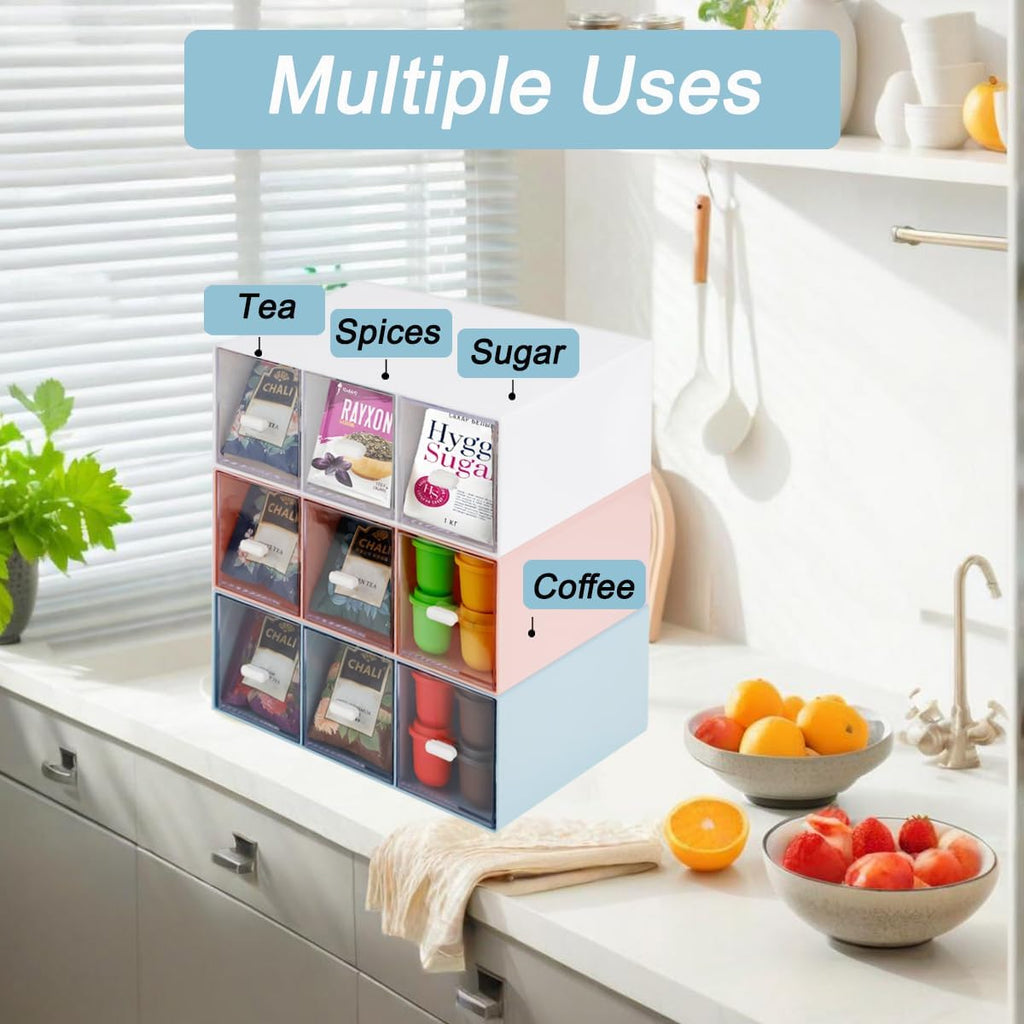 2 Pcs Plastic Tea Bag Organizer with 3 Drawers, Clear Lid Tea Bag Storage | White Tea Box with Label, Stackable Storage Drawers, Use for Sugar Sachets, Tea Bags, Coffee Storage