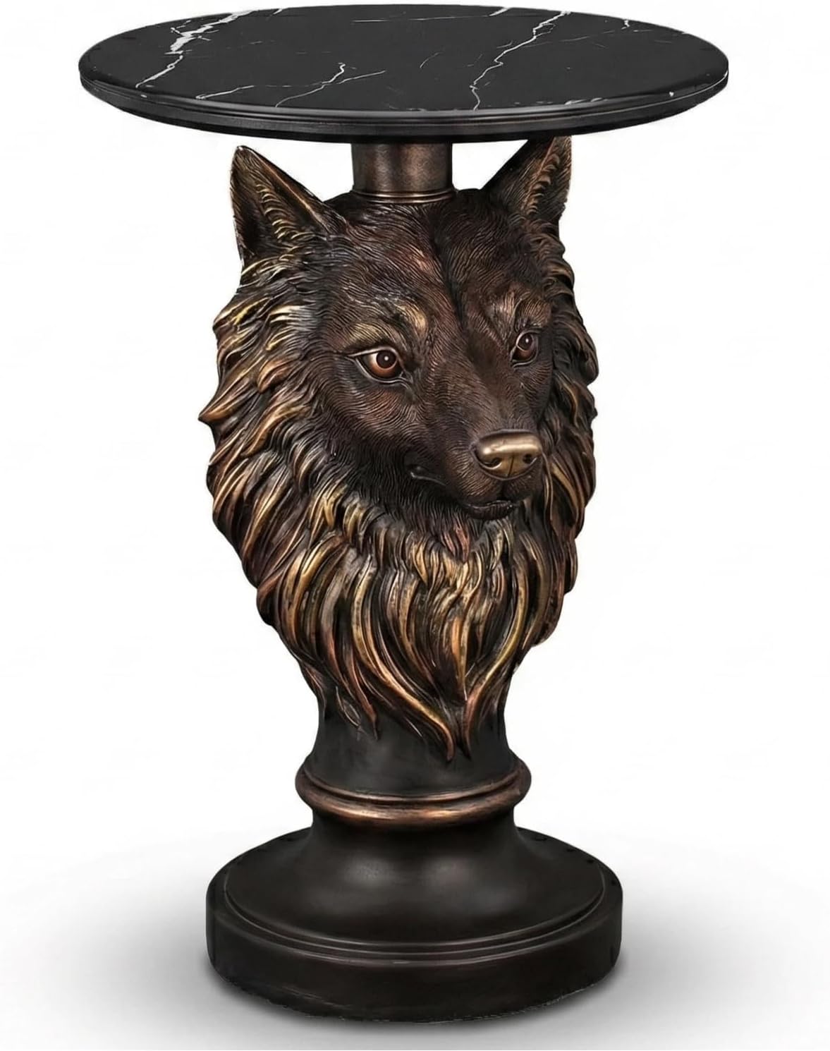 18" Wolf Head Sculptured Side Table,Round Side Table with Bronze Finish,Modern End Tables with Marble Top,Corner Accent Tables for Living Room,Entryway,Reading Nook,Easy Assembly