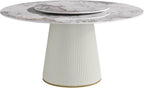 Montary 9 Piece Dining Table Chairs Set, Modern Dining Table Set of 8, Includes 59" D Marble Round Table with Beige Cylindric PU Wooden Base, 8 Beige Gold Dining Chairs for Home, Kitchen