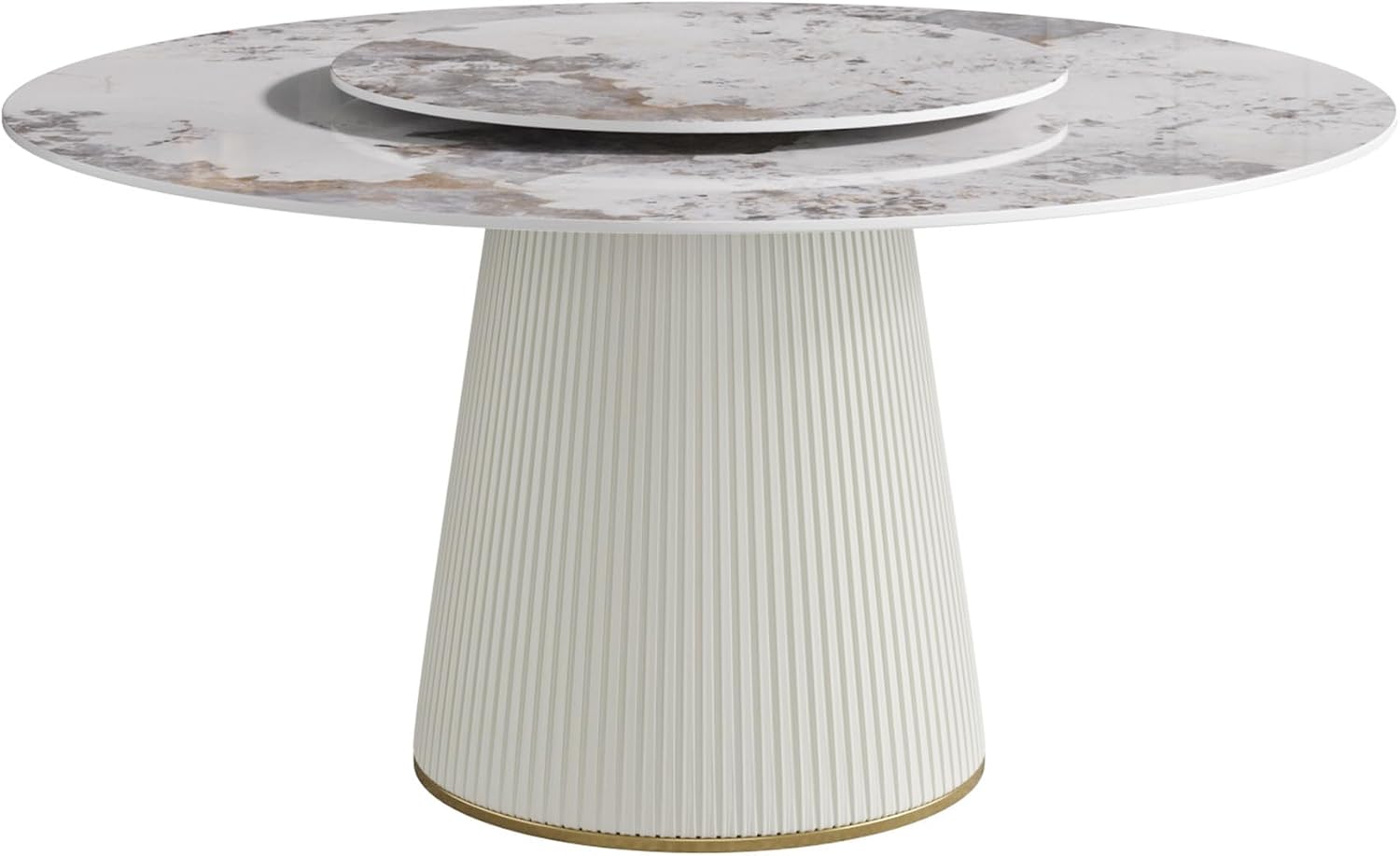 Montary 9 Piece Dining Table Chairs Set, Modern Dining Table Set of 8, Includes 59" D Marble Round Table with Beige Cylindric PU Wooden Base, 8 Beige Gold Dining Chairs for Home, Kitchen