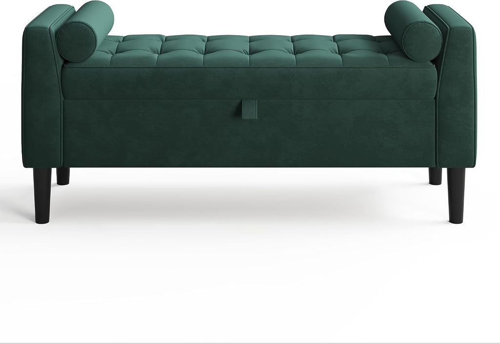 46.5 in Green Velvet Storage Ottoman Bench –Upholstered End-of-Bed Bench, Footrest Seat ,Multi-Functional Shoe Bench with Rolled Armrests & Wood Legs, for Entryway, Living Room, Bedroom & Hallway