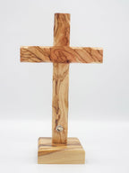 King David Market Olive Wood Standing Table Cross (8 Inch), Plain Wooden Altar Cross with Decorative Natural Stone from Jerusalem, Handcrafted in the Holy Land