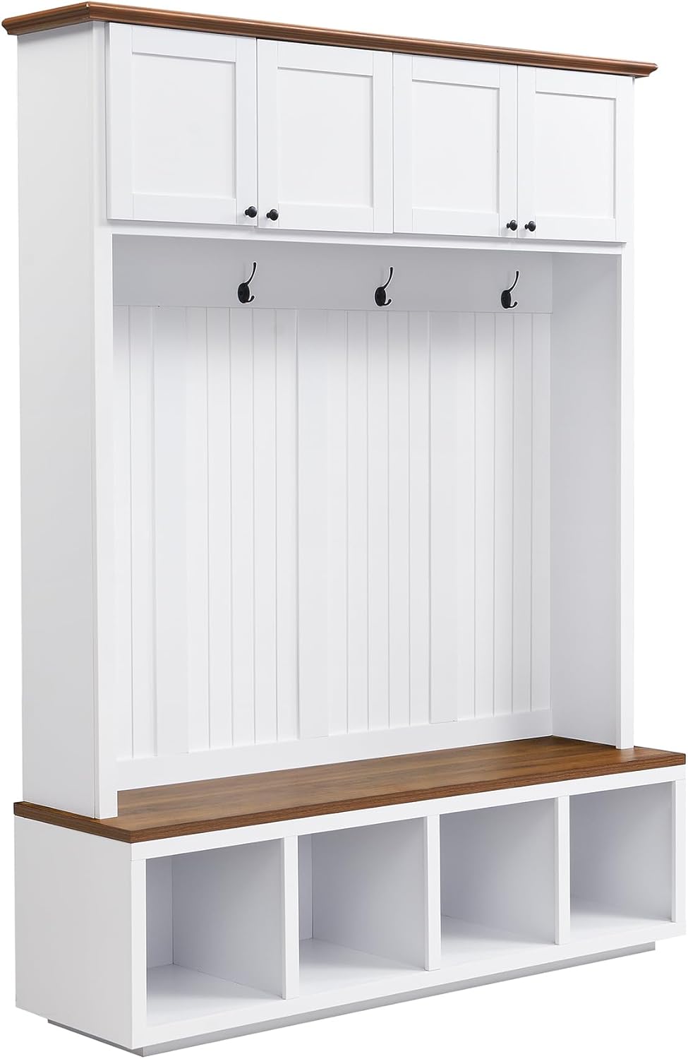 LUMISOL 59''W Hall Tree with Bench and Shoe Storage, Mudroom Bench with 4 Hooks, Open Compartments, 4 Storage Cabinets, Entryway Organizer for Entrance, Hallway, White