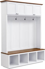 LUMISOL 59''W Hall Tree with Bench and Shoe Storage, Mudroom Bench with 4 Hooks, Open Compartments, 4 Storage Cabinets, Entryway Organizer for Entrance, Hallway, White