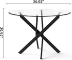 AF ARTISAN FURNITURE 36” Round Glass Dining Table for 4, Clear Tempered Glass Kitchen Table with Black Metal X Legs, Small Round Dining Table for Apartment, Dining Room & Bistro