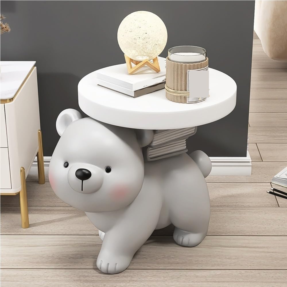 Decorative Sculpture Side Table, Floor Couch Table with Tray Tabletop, End Table with Non-Slip Base, Room Decor Bear Table for Living Room, Bedroom, Study, Office(Gray)