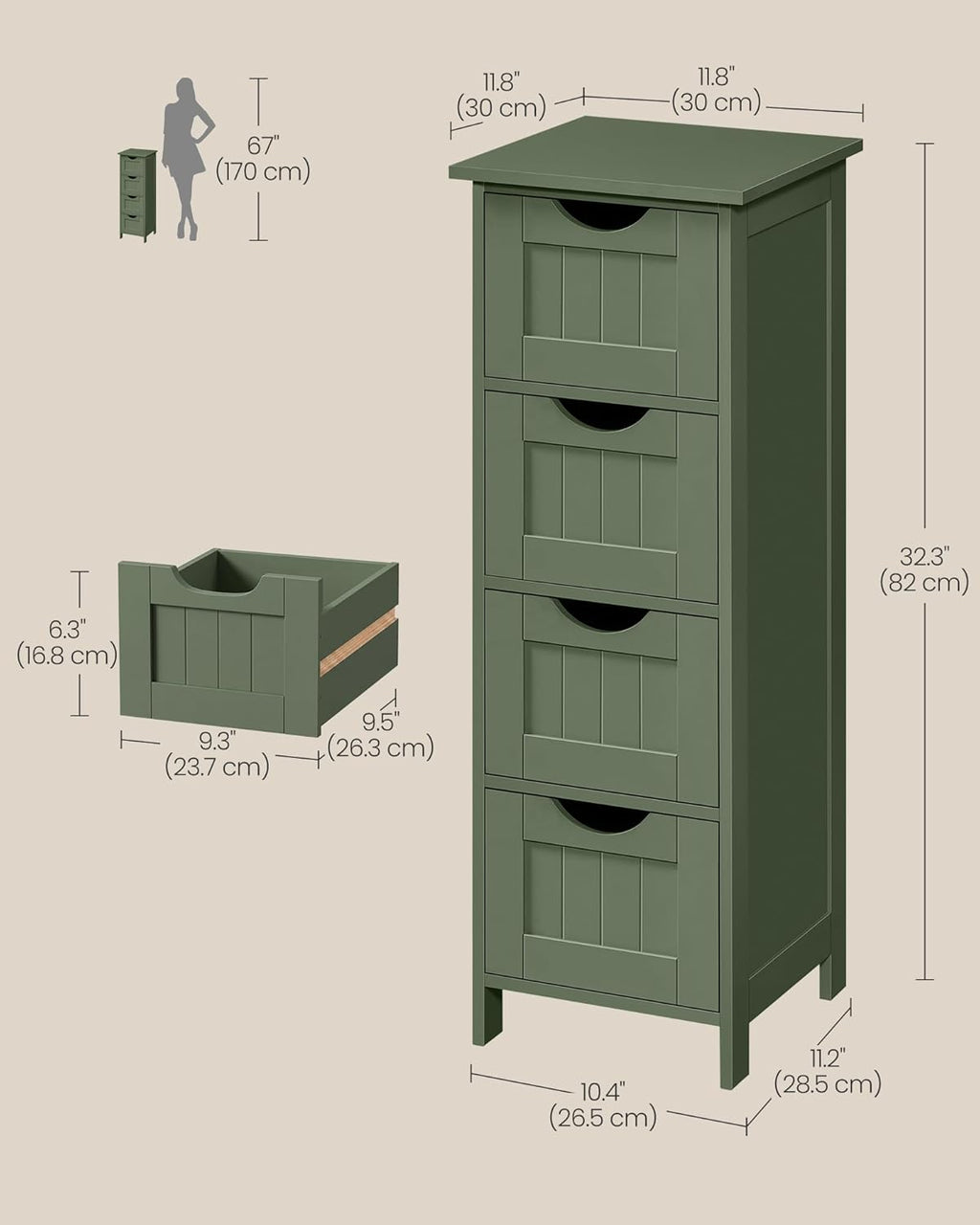 VASAGLE Floor Storage Cabinet, Freestanding Storage Organizer with 4 Drawers, 11.8 x 11.8 x 32.3 Inches, for Living Room, Bathroom, Dining Room, Kitchen, Modern Style, Forest Green ULHC040CH01S