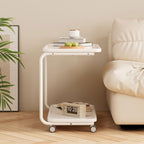 YCKEGEW 2-Tier Storage Trolley Mobile Side Tables with Wheels for Couch Living Room,White C-Shaped End Table for Small Space,360°Swivel TV Tray Table(Armless)