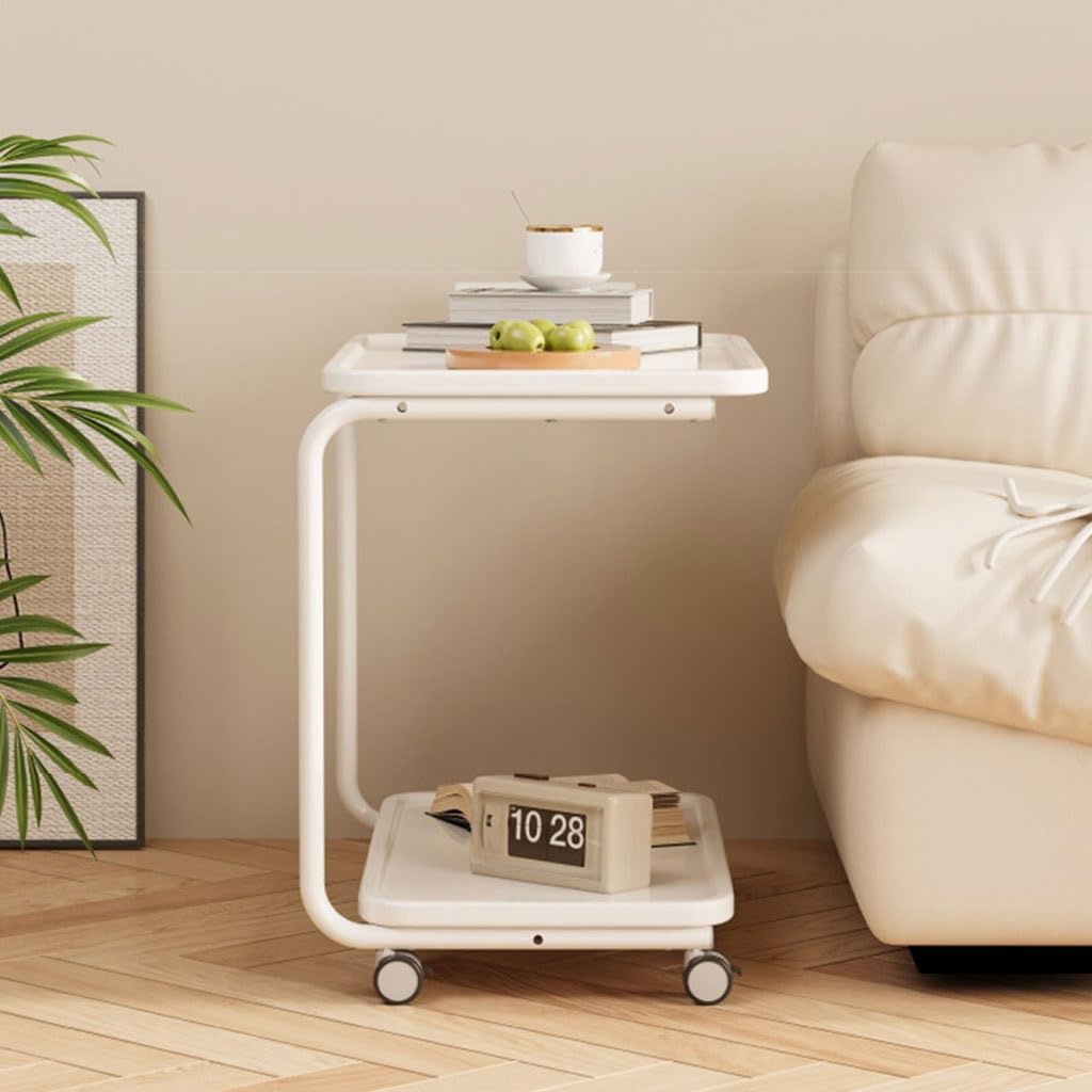 YCKEGEW 2-Tier Storage Trolley Mobile Side Tables with Wheels for Couch Living Room,White C-Shaped End Table for Small Space,360°Swivel TV Tray Table(Armless)