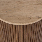 Beaumont Lane Modern Round Side Table, 15" x 19", Travertine Stone Top and Fluted Mango Wood Base, Natural Finish, Durable Accent Table for Living Room or Bedroom