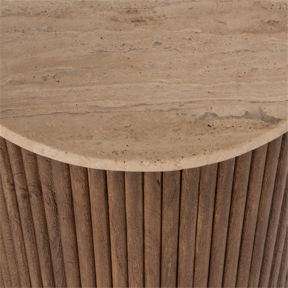 Beaumont Lane Modern Round Side Table, 15" x 19", Travertine Stone Top and Fluted Mango Wood Base, Natural Finish, Durable Accent Table for Living Room or Bedroom