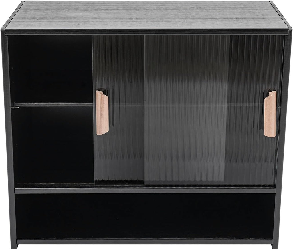 Small Countertop Kitchen Pantry, 3 Tiers Bamboo Pantry Sideboard with 2 Sliding Doors, Freestanding Kitchen Storage Cabinet Utility Dining Cupboard for Spice Dish Bowl Seasoning Bottle (Black)