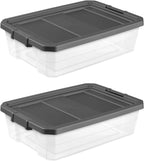 2-Pack Large Underbed Storage Bins, Clear 40-Quart Stackable Containers with Secure Latches, Slate Gray