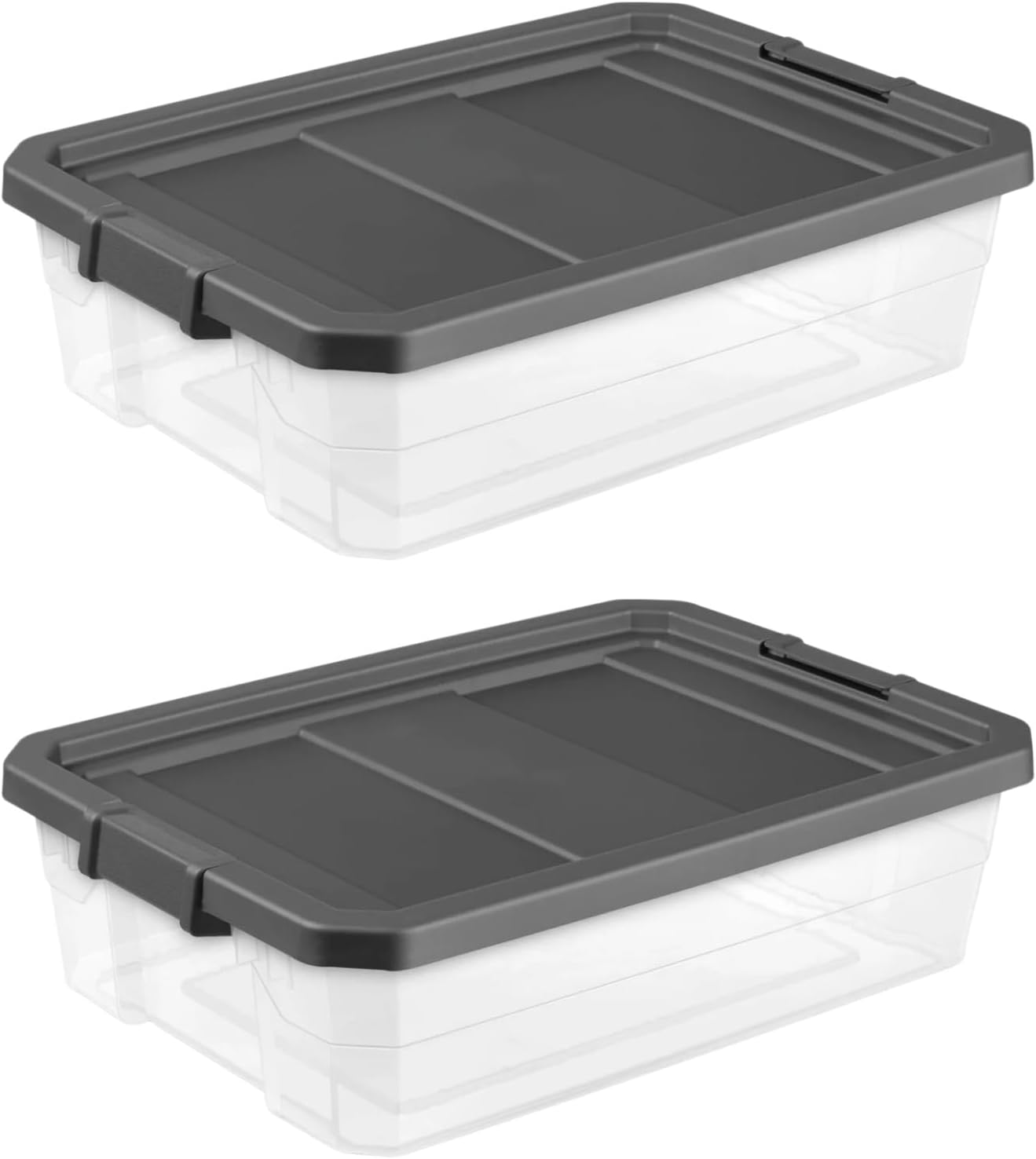2-Pack Large Underbed Storage Bins, Clear 40-Quart Stackable Containers with Secure Latches, Slate Gray