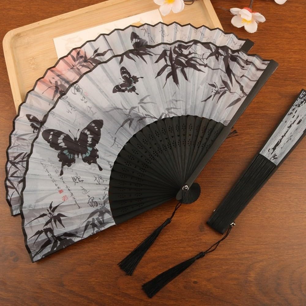 Chinese Style Antique Silk Folding Hand Fan, Elegant Dance Fan Art Crafts with Tassel Handheld Dance Fan Dance Props ﻿