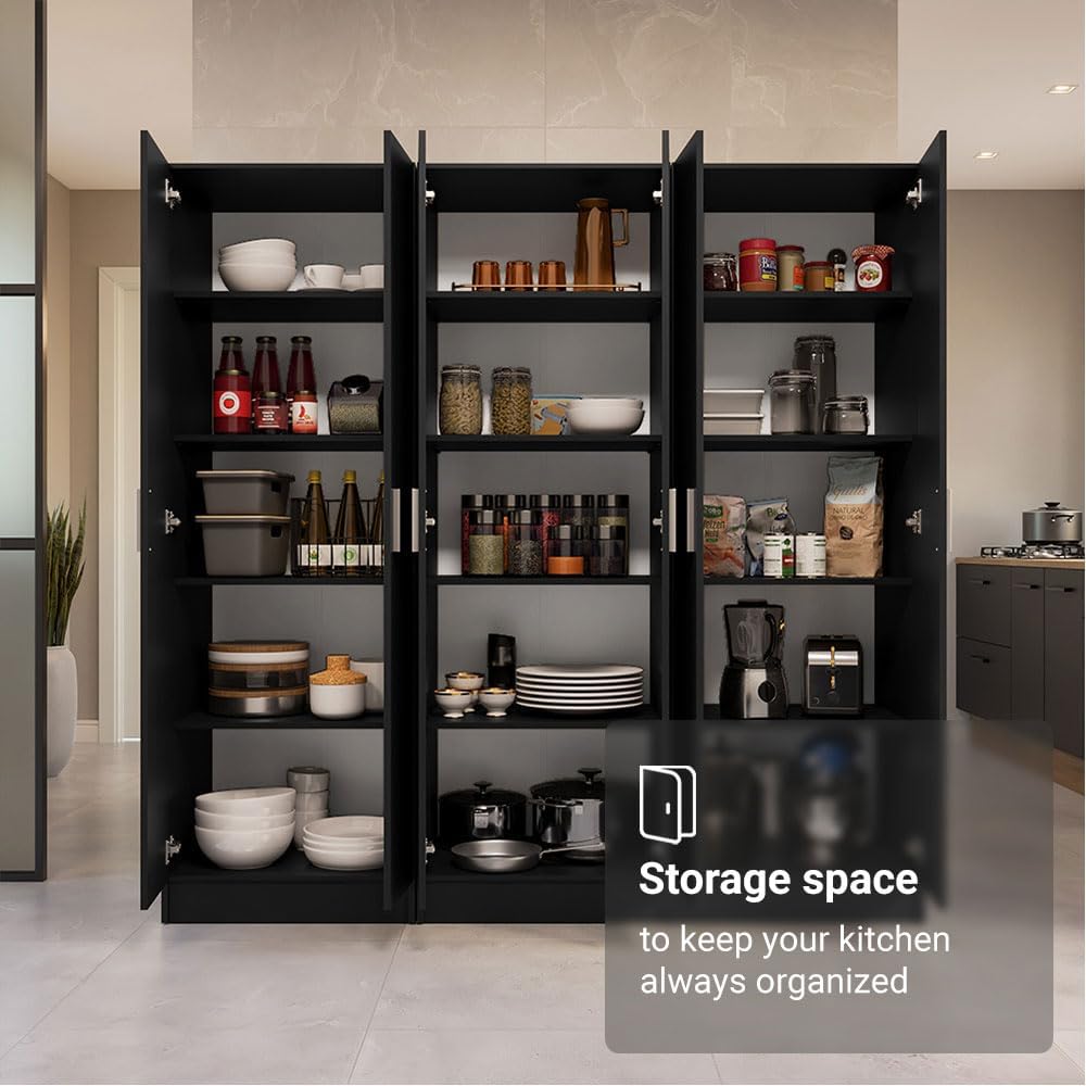 Madesa Kitchen Pantry Set Storage Cabinet 70" L 6 Doors 12 Utility Shelves 9 Adjustable Shelves Wooden Organization Unit Anti Tipping - Black