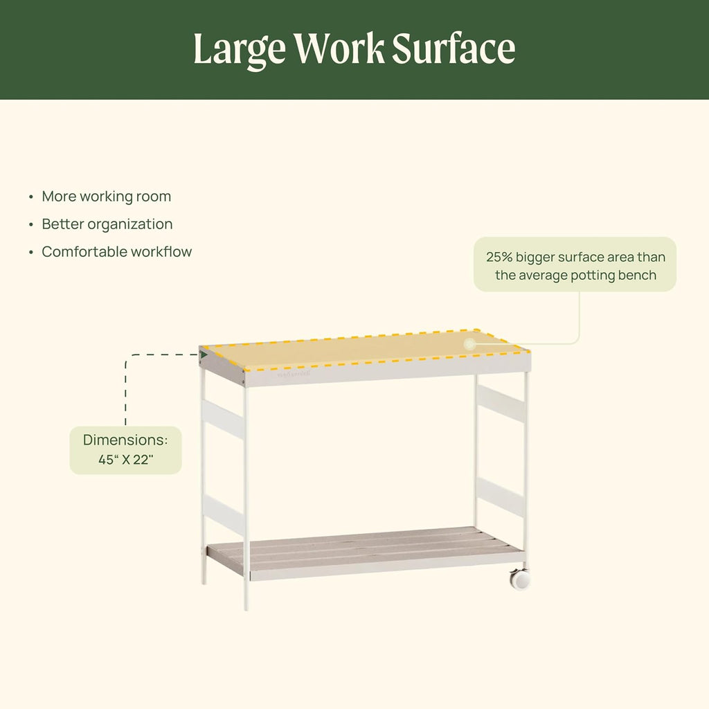 Vego Garden Metal Garden Workstation, Outdoor Gardening Potting Table with Wheels, Work Bench with Large Powder-Coated Steel Tabletop for Outdoor