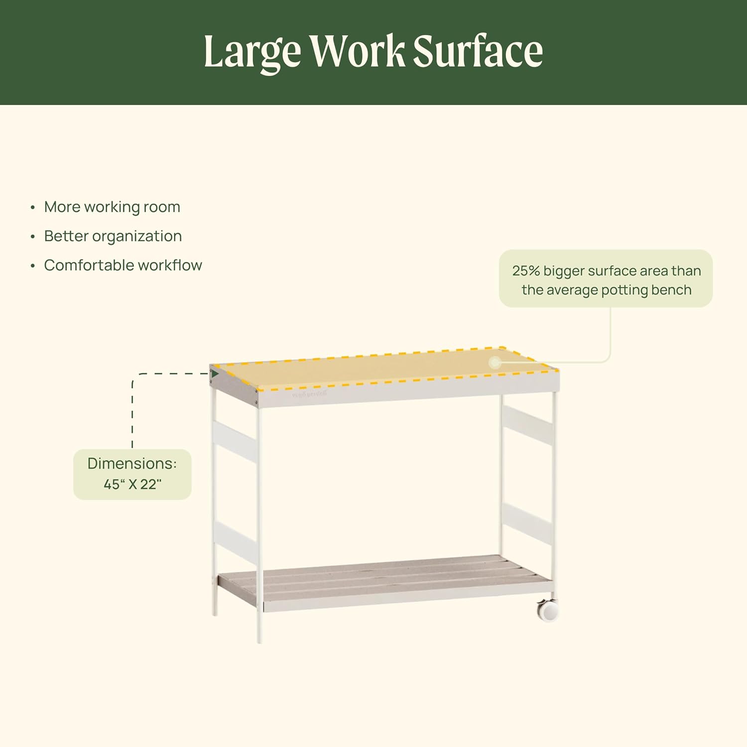 Vego Garden Metal Garden Workstation, Outdoor Gardening Potting Table with Wheels, Work Bench with Large Powder-Coated Steel Tabletop for Outdoor