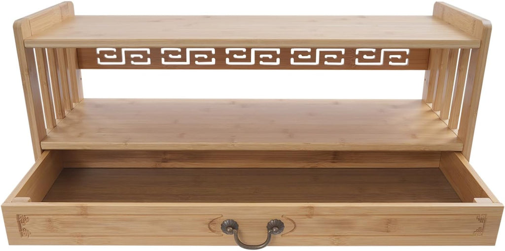 Meditation Table, 3-Tier Bamboo Altar Floor Tables for Spiritual, Puja Table with Drawer for Prayers, Worship or Bamboo Furniture for Displaying Plants and Books