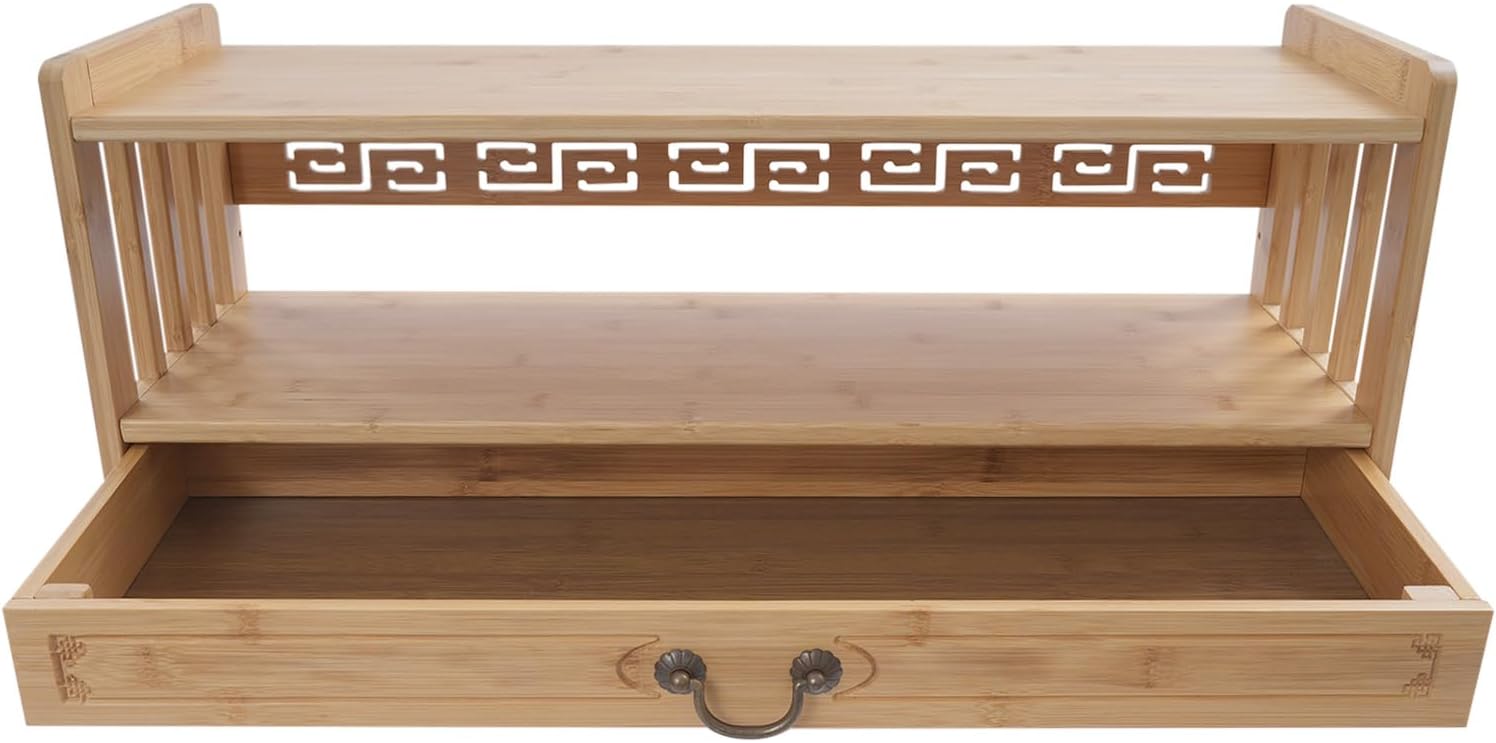 Meditation Table, 3-Tier Bamboo Altar Floor Tables for Spiritual, Puja Table with Drawer for Prayers, Worship or Bamboo Furniture for Displaying Plants and Books