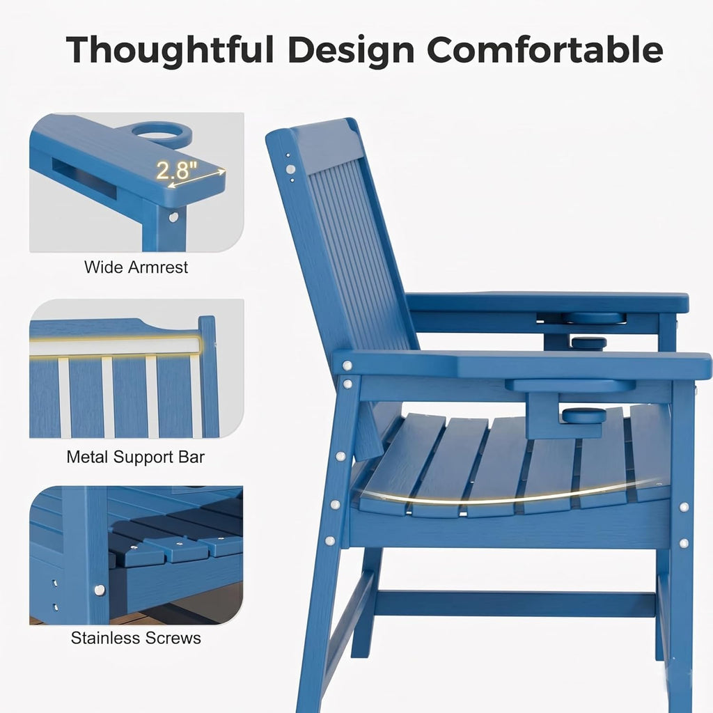 Outdoor Bench with Cup Holder Weatherproof HDPE Fade Resistant Garden Bench 660 lbs Bearing 2-Seat Front Porch Furniture for Patio, Backyard (Blue)