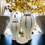 Ginger Jar, White Gold Ceramic Vase Large Handmade Porcelain Vases with Lid, White Gold Decorative Flower Vase for Home, Living Room, Weddings, Centerpieces (18in with Lid)