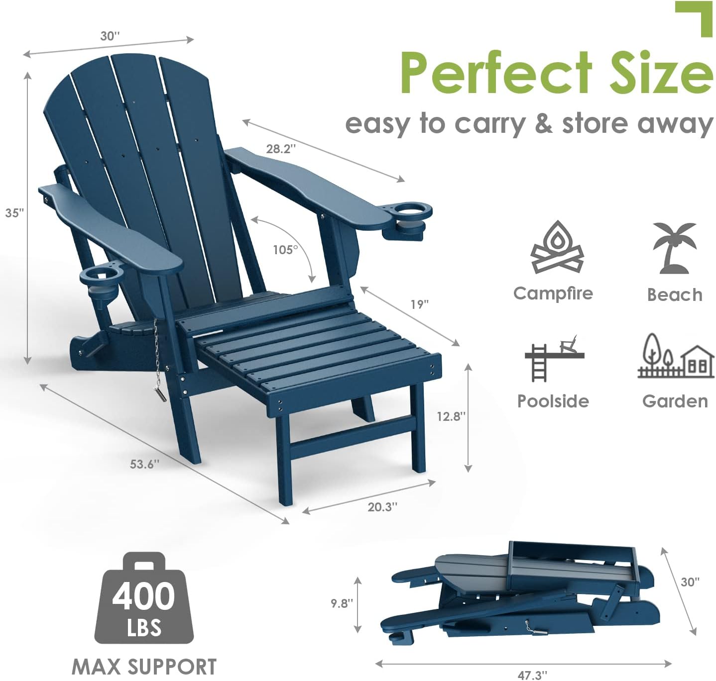 GREENVINES Adirondack-Chairs-with-Ottoman | Set of 2 | Folding | Retractable-Footrest | HDPE Plastic | All Weather Fire Pit Chair | Cup Holders | Blue | for Outdoor Poolside